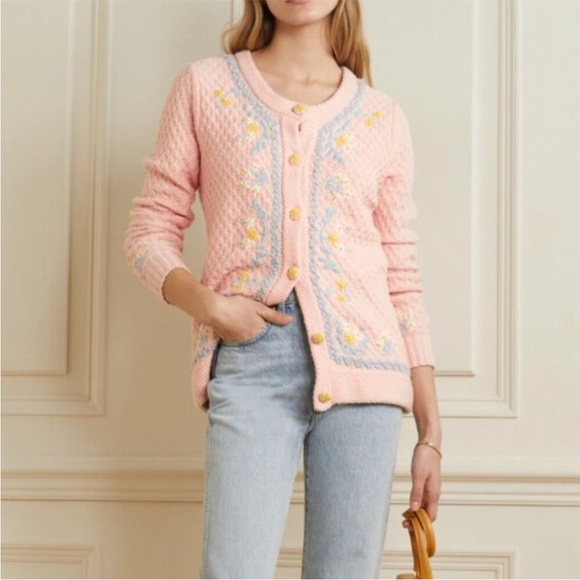 LoveShackFancy Naj Blush Pink Embroidered Cardigan Size XS - Picture 2 of 10